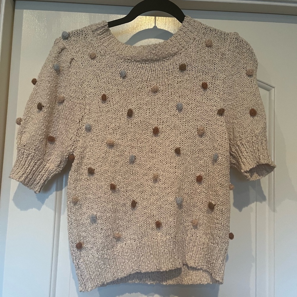 Beige Knit Sweater with Pom Poms